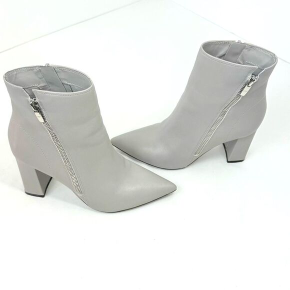 Marc Fisher GABBLE Sleek Gray Leather Side Zip Pointed Toe Block Heeled Boots - Picture 4 of 15